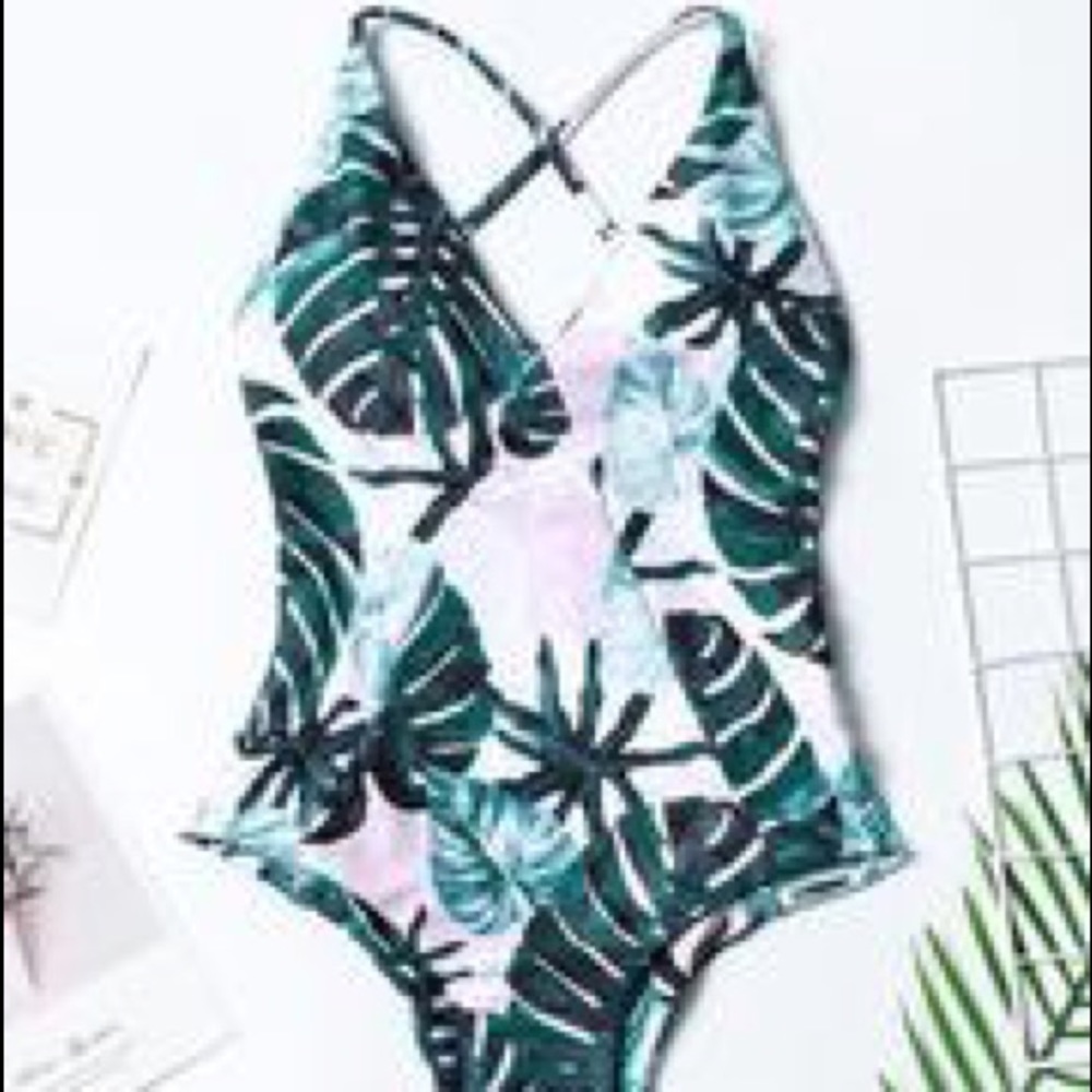 Palm leaf cross back one piece swim suit // NWT